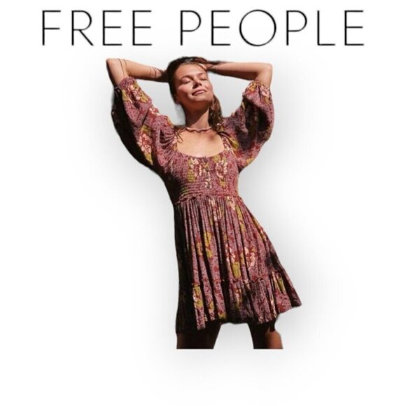 Free People l/s Summer Printed Dress Brown Floral XS - Picture 1 of 15